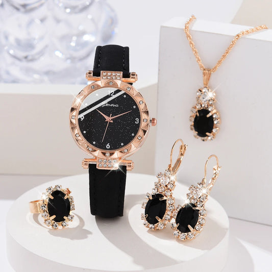 Luxury Women's Watch Set 5-piece black with Jewelry