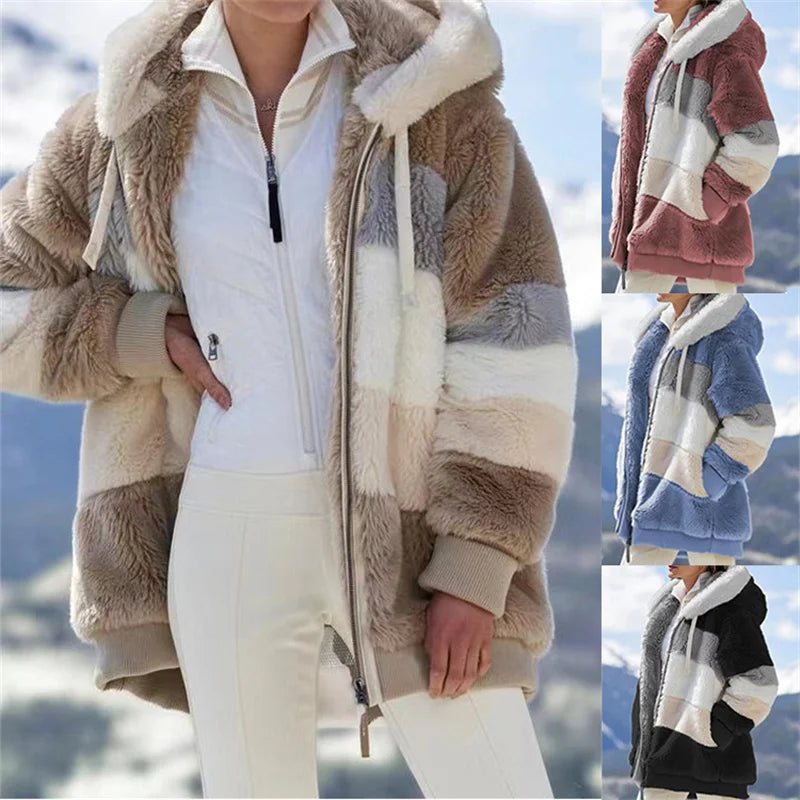 Fluffy Fur Coat Women Oversized Striped