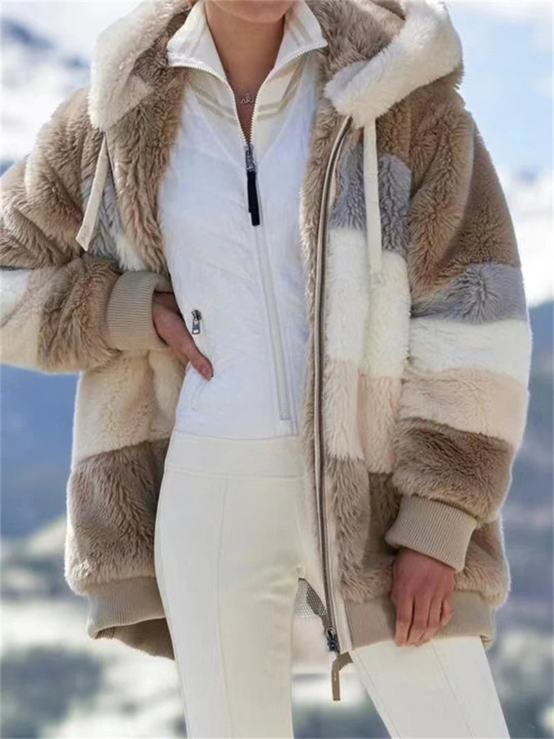 Fluffy Fur Coat Women Oversized Striped