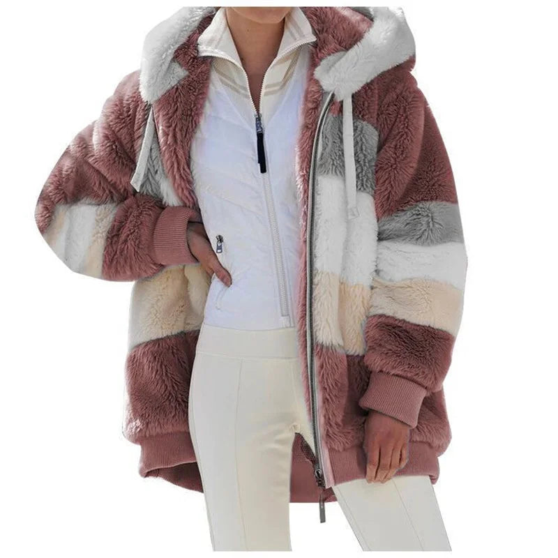 Fluffy Fur Coat Women Oversized Striped