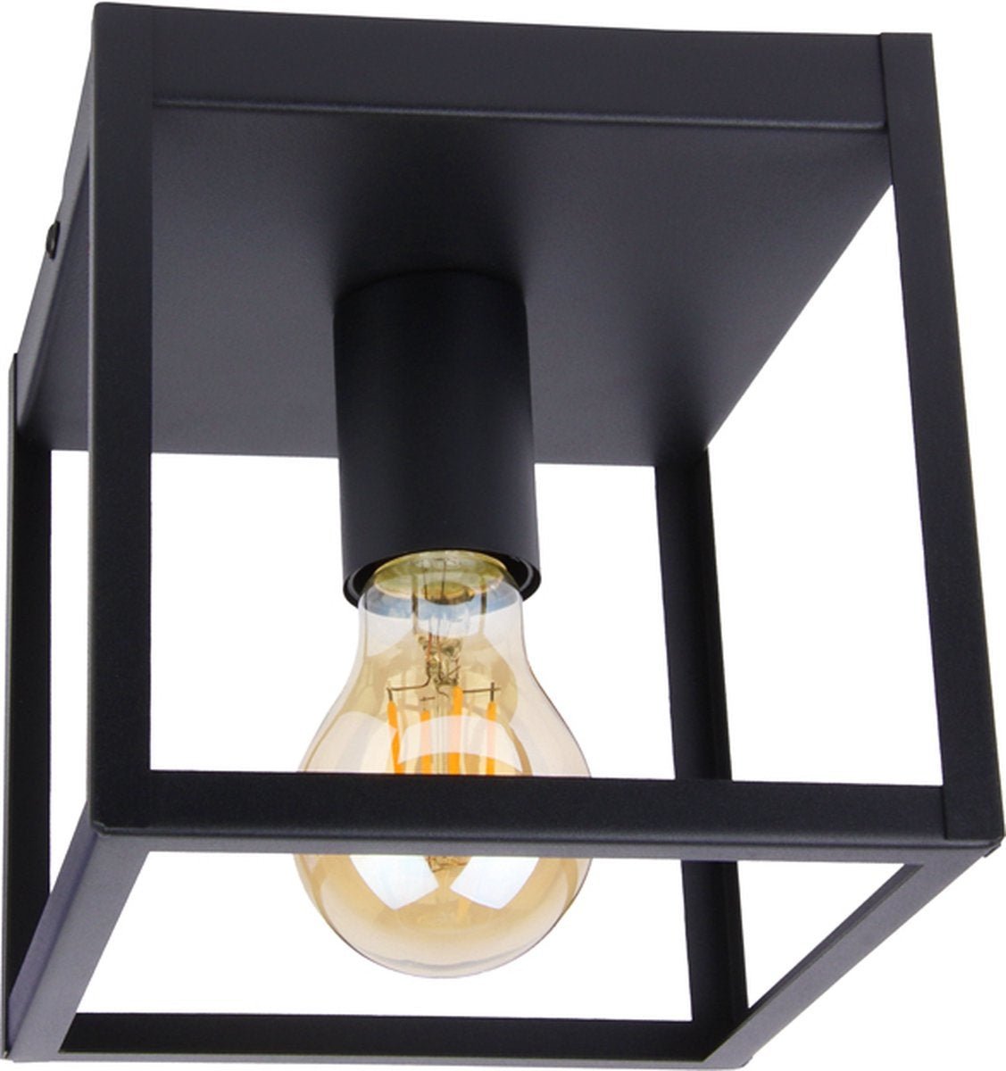 Industriële Plafondlamp Zwart | 16x16cm | Incl. Lichtbron E27 - 4w - 2400K - Dimbaar | Retro | Vintage | Metaal